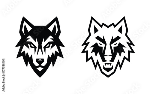 Two Wolf Head Designs Black and White Geometric Art