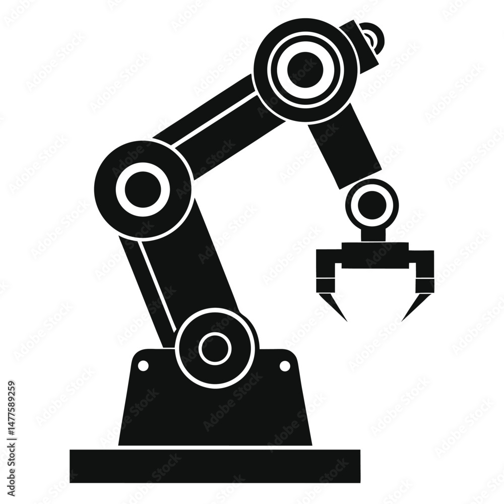 Black robotic arm with pincer gripping tool, ready to lift objects in an automated process Black robotic arm with pincer gripping tool, ready to lift objects in an automated process