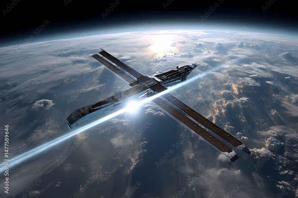 Obraz premium Space Station Orbiting Earth with Beautiful Sunlight Reflection