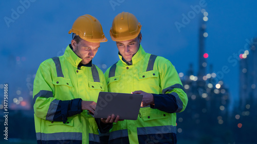 caucasian white engineers in safety uniforms and helmets using laptop and radio for site communication. Concept of teamwork, inspection, and operations at an industrial facility.Construction of Oil, 