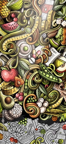 Diet food hand drawn doodle banner. Cartoon detailed flyer. Dietic identity with objects and symbols. Color vector design elements background