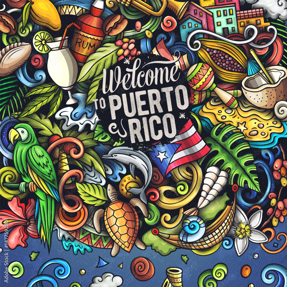 Fototapeta premium Puerto Rico cartoon doodle vector frame illustration. Funny Puerto-Rican whimsical border design. Caribbean tropical elements in a vibrant, playful style