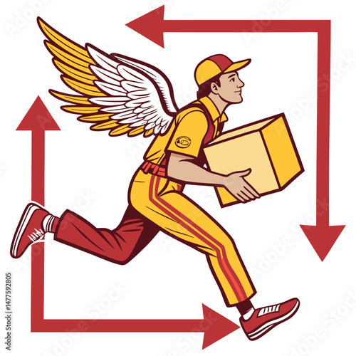 A cheerful delivery man, wings attached to his shoes, sprints while carrying a package.  Humorous, dynamic action shot.