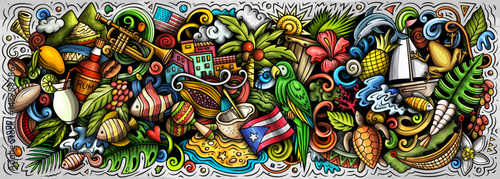 Puerto Rico cartoon doodle vector color banner. Funny Puerto-Rican whimsical illustration. Caribbean tropical elements in a vibrant, playful style