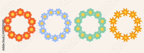 Set of colorful flowers frame. Retro geometric spring flowers. Groovy simple flowers set. Botanical circle border. For greeting card, poster, banner, social media, logo.