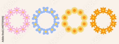 Set of colorful flowers frame. Retro geometric spring flowers. Groovy simple flowers set. Botanical circle border. For greeting card, poster, banner, social media, logo.