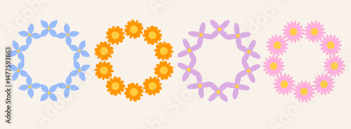 Set of colorful flowers frame. Retro geometric spring flowers. Groovy simple flowers set. Botanical circle border. For greeting card, poster, banner, social media, logo.
