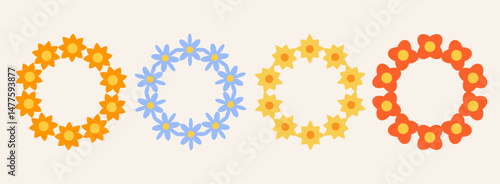 Set of colorful flowers frame. Retro geometric spring flowers. Groovy simple flowers set. Botanical circle border. For greeting card, poster, banner, social media, logo.