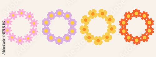 Set of colorful flowers frame. Retro geometric spring flowers. Groovy simple flowers set. Botanical circle border. For greeting card, poster, banner, social media, logo.