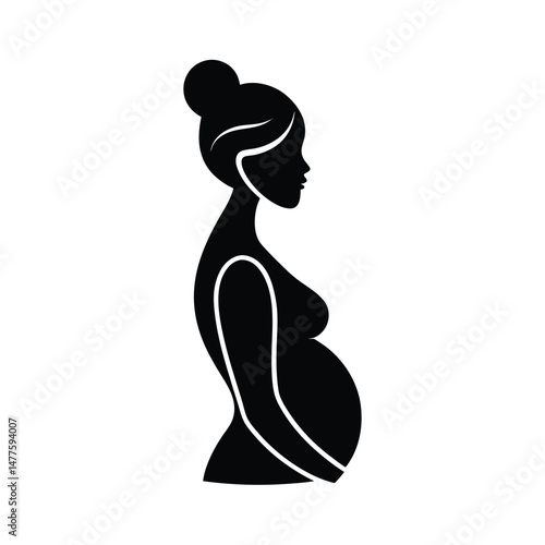 Elegant silhouette of a pregnant woman depicting motherhood and pregnancy in black and white