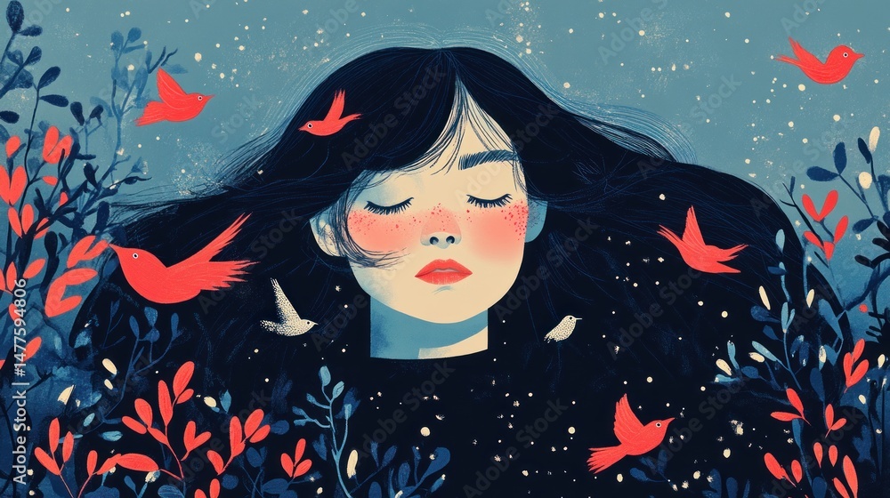 Naklejka premium Peaceful girl surrounded by birds and nature