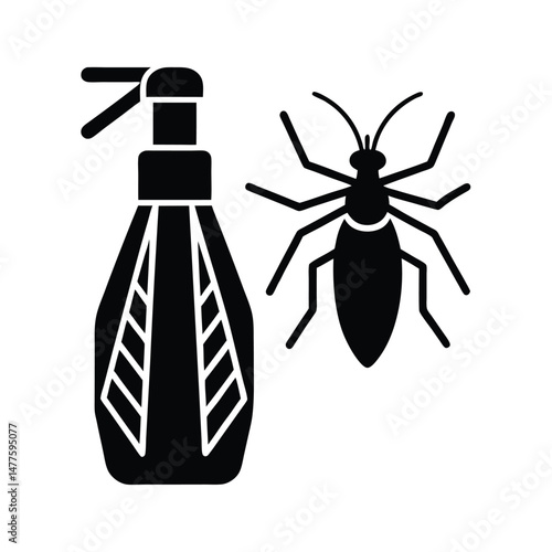 Pest control spray bottle and insect silhouette representation of eradicating pests in homes and gardens.