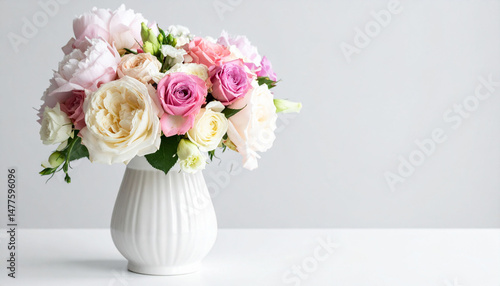 a simple arrangement of blossoms is presented in a plain setting. the flowers, featuring soft shades of white, pink, and light purple, are arranged in a round, plump manner