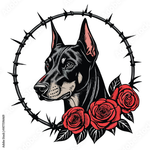 Create a striking image of a Doberman Pinscher's head, framed by thorny barbed wire interwoven with vibrant red roses, contrasting aggression and beauty.