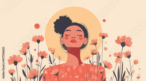 Peaceful woman in a flower field