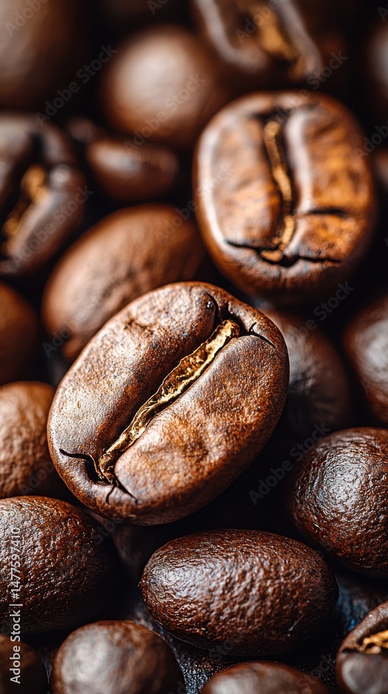 Macro shot of single roasted coffee bean, rich, showcasing bean texture, against a blurred background, for coffee product advertising. Macro shot of single roasted coffee bean, rich, showcasing bean texture, against a blurred background, for coffee product advertising.