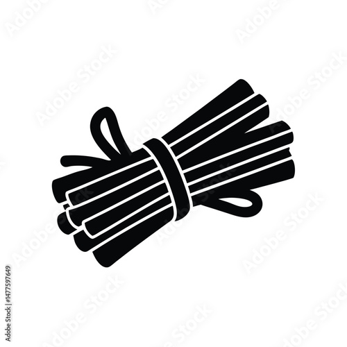 Vector silhouette illustration of a bundle of cinnamon sticks tied with a simple bow on a white background
