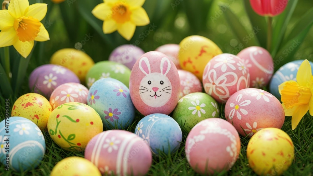 Fototapeta premium Colorful Easter eggs and spring flowers