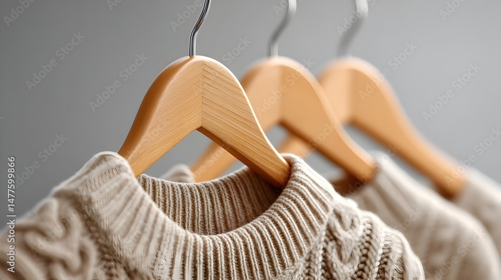 Fototapeta premium Cozy Sustainable Wardrobe Essentials: Knitwear on Wooden Hangers