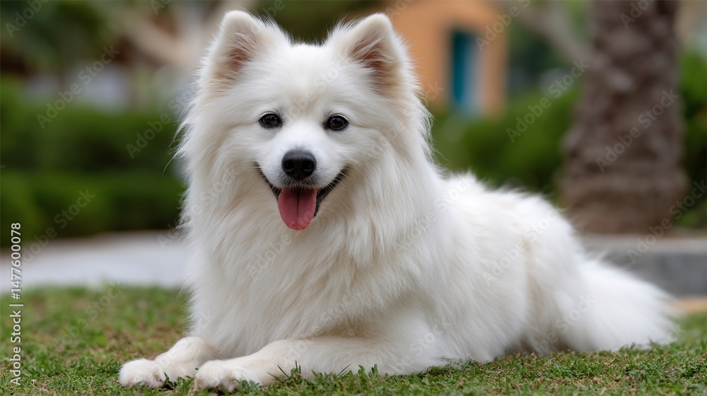 Fluffy white dog smiles on lawn Fluffy white dog smiles on lawn