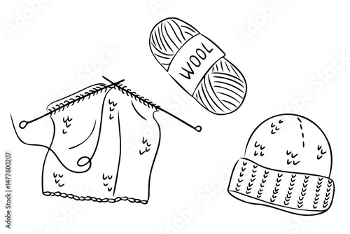 Hand drawn knitting set with wool yarn ball, needles, knitted fabric and winter hat. Concept of handmade crafts, cozy hobbies and warm clothing in minimalist sketch style