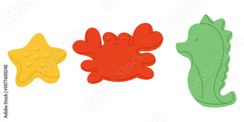 Hand drawn vector of kids beach toys shaped like starfish, crab and seahorse in bright colors. Concept of summer vacation, outdoor play and seaside fun for children in playful design