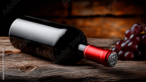 Bottle of red wine resting on rustic wooden table with grapes