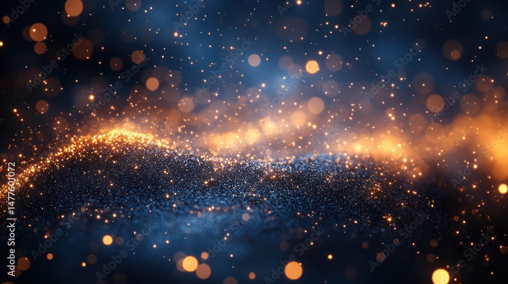 Fototapeta premium Abstract golden particles wave on dark background with bokeh lights