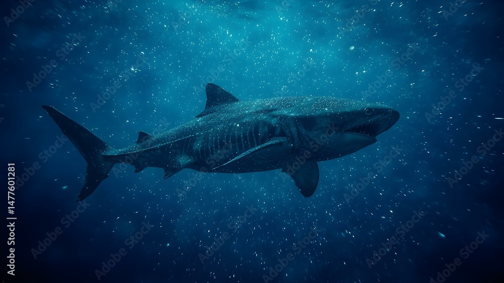 Fototapeta premium Whale Shark's Underwater Ballet: a majestic whale shark gracefully gliding through the deep, its massive form a testament to the mysteries of the ocean depths.