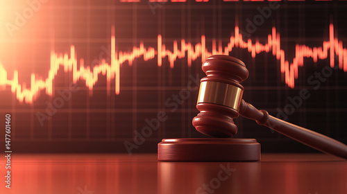Financial Justice: A gavel rests before a stock chart, symbolizing legal oversight of market regulations & fair trade. Protecting investors & accountability.