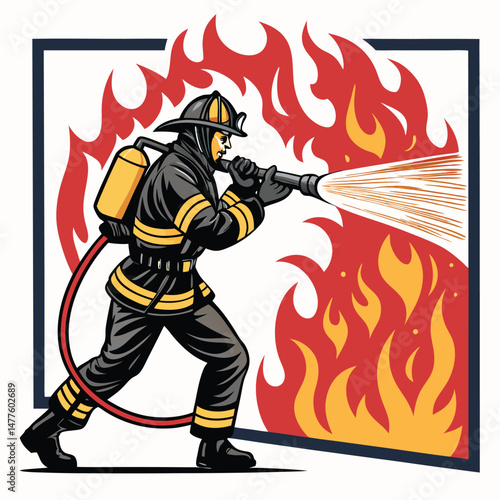 A courageous firefighter bravely battles a fierce fire, powerfully spraying water from a large hose, dramatic smoke and flames engulfing the scene.
