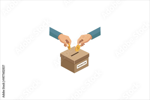 illustration of hands donating coins into a cardboard donation box with a "DONATE" label. Flat design, clean white background, concept of charity, giving, and fundraising.