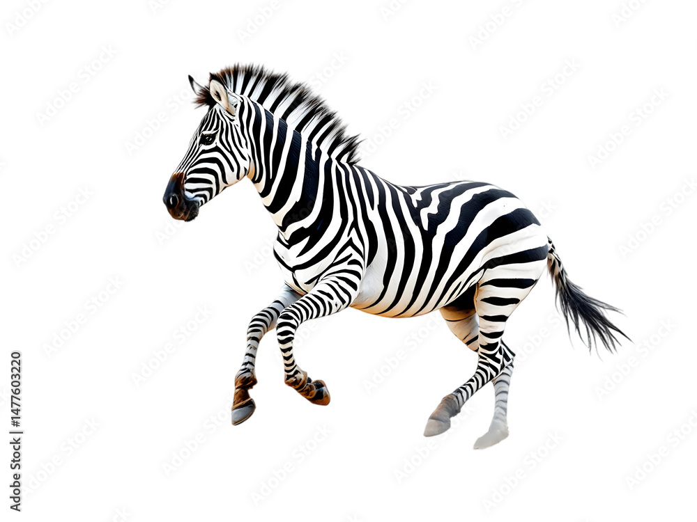 Fototapeta premium Striped Zebra Running Isolated Black Background Wildlife Animal Photography Majestic Equine Powerful Graceful Wild Nature Powerful Freedom African Savannah 