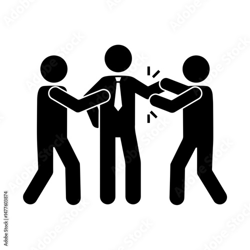 Two figures pulling businessman in conflict against white background  