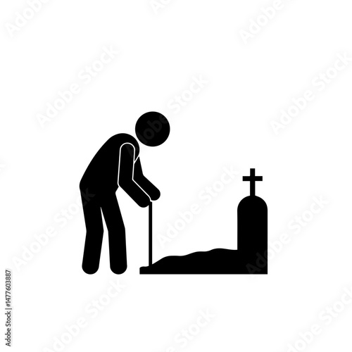 Man digging a grave near a tombstone with a cross  