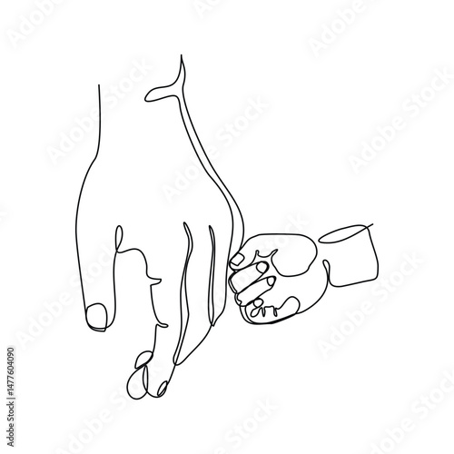 Continuous line drawing of parent giving hand to his child. Single one line art of father and mother care. Parental concept sketch vector illustration editable stroke