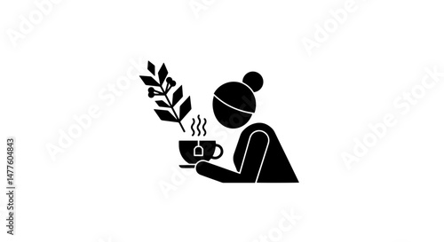 Woman enjoying hot beverage with leaves in minimalist design  