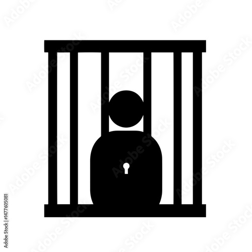 Silhouette of a person behind bars with a lock symbolizing confinement  