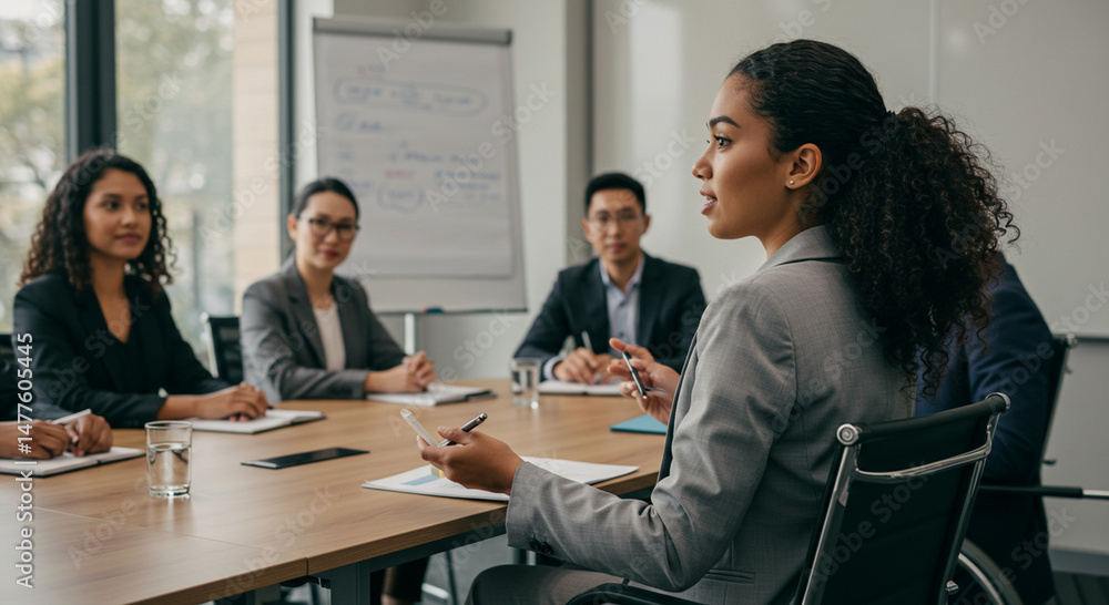 Diverse leadership: Businesswoman presenting insights to multicultural colleagues at a conference table Diverse leadership: Businesswoman presenting insights to multicultural colleagues at a conference table
