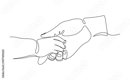 Continuous line drawing of parent giving hand to his child. Single one line art of father and mother care. Parental concept sketch vector illustration editable stroke