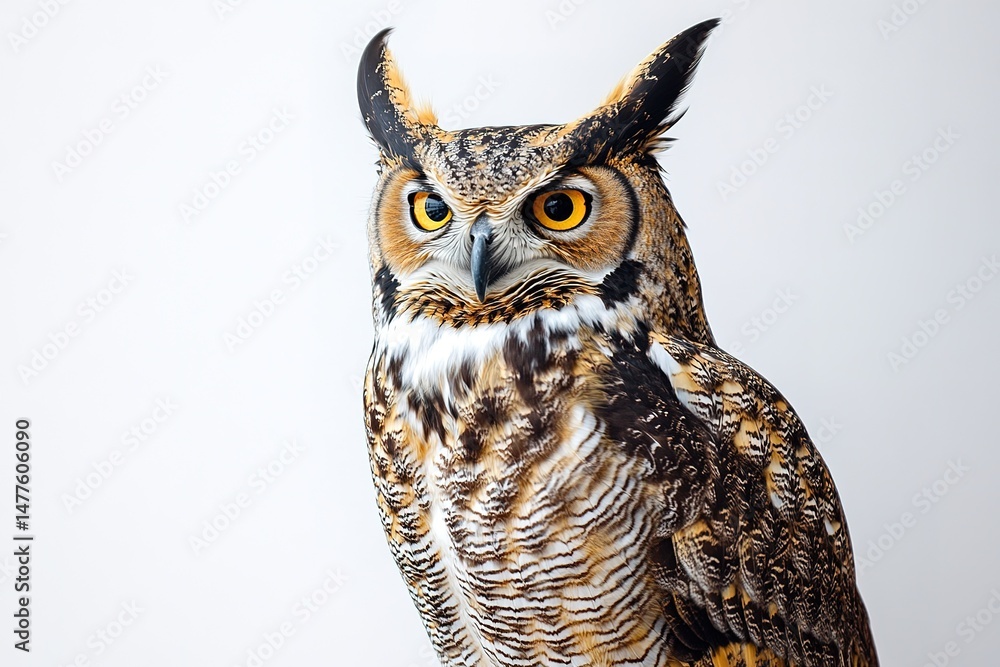 A striking horned owl with large eyes, its feathers detailed, perched against a clean white backdrop