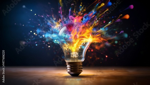 a glowing light bulb bursting with colorful abstract energy representing creativity innovation imagination and artistic inspiration