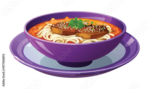 Thick Ramen Noodles in Purple Bowl with Tender Pork - Vector Illustration