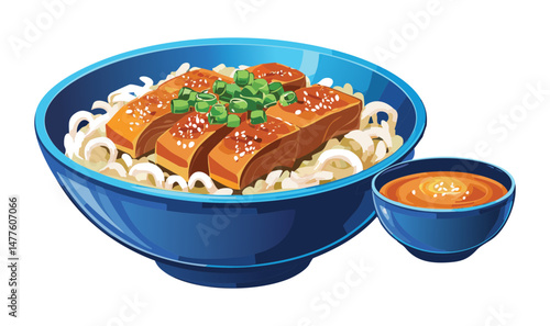 Udon Noodle Soup with Sliced Meat and Side Broth - Vector Illustration