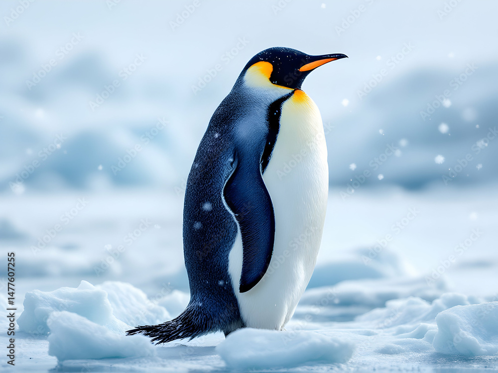 Fototapeta premium Majestic Emperor Penguin in Antarctic Snow Winter Wildlife Photography Nature Scene Beautiful Bird Animal Cold Climate Ice Landscape Blue Ocean Water Fauna 