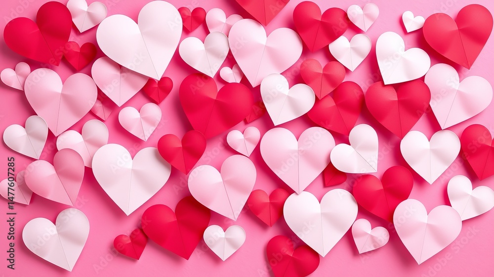 A delightful collection of pink and red paper hearts scattered on a vibrant pink background perfect for Valentine's Day. A delightful collection of pink and red paper hearts scattered on a vibrant pink background perfect for Valentine's Day.