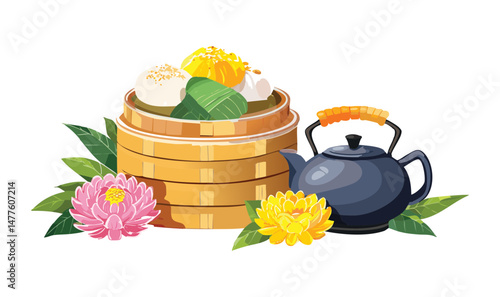 Steamed Dim Sum with Decorative Lotus Flowers and Tea - Vector Illustration