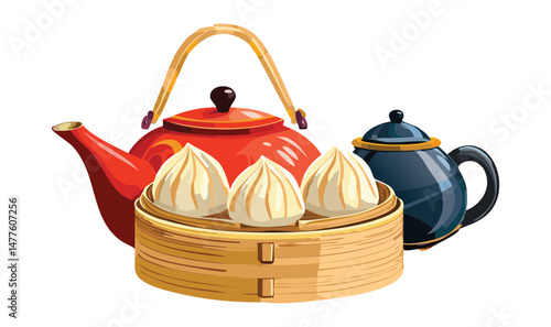Chinese Steamed Dumplings with Tea Pot - Vector Illustration
