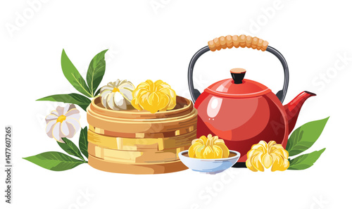 Chinese Tea Set with Dim Sum in Steamer Basket - Vector Illustration