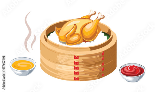 Chinese Chicken in Bamboo Steamer Basket with Sauce - Vector Illustration
